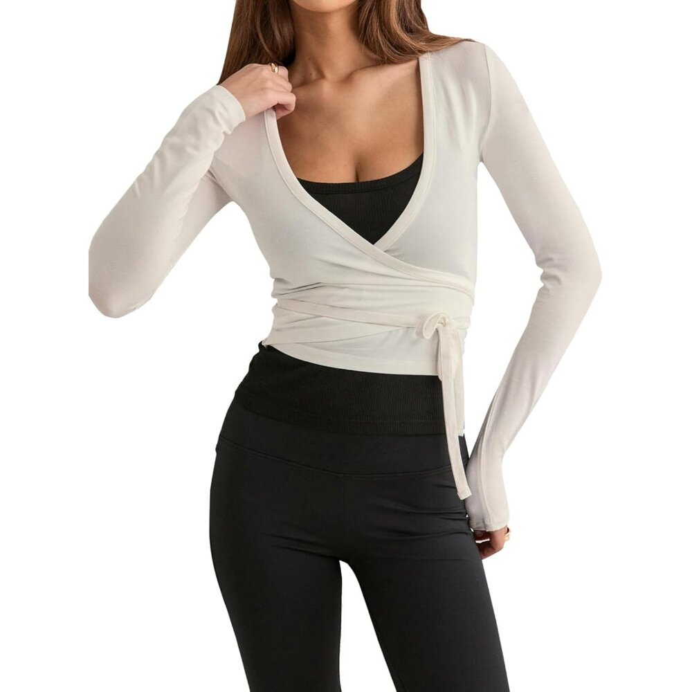 Women's Cream Wrap-Front Long Sleeve Tee